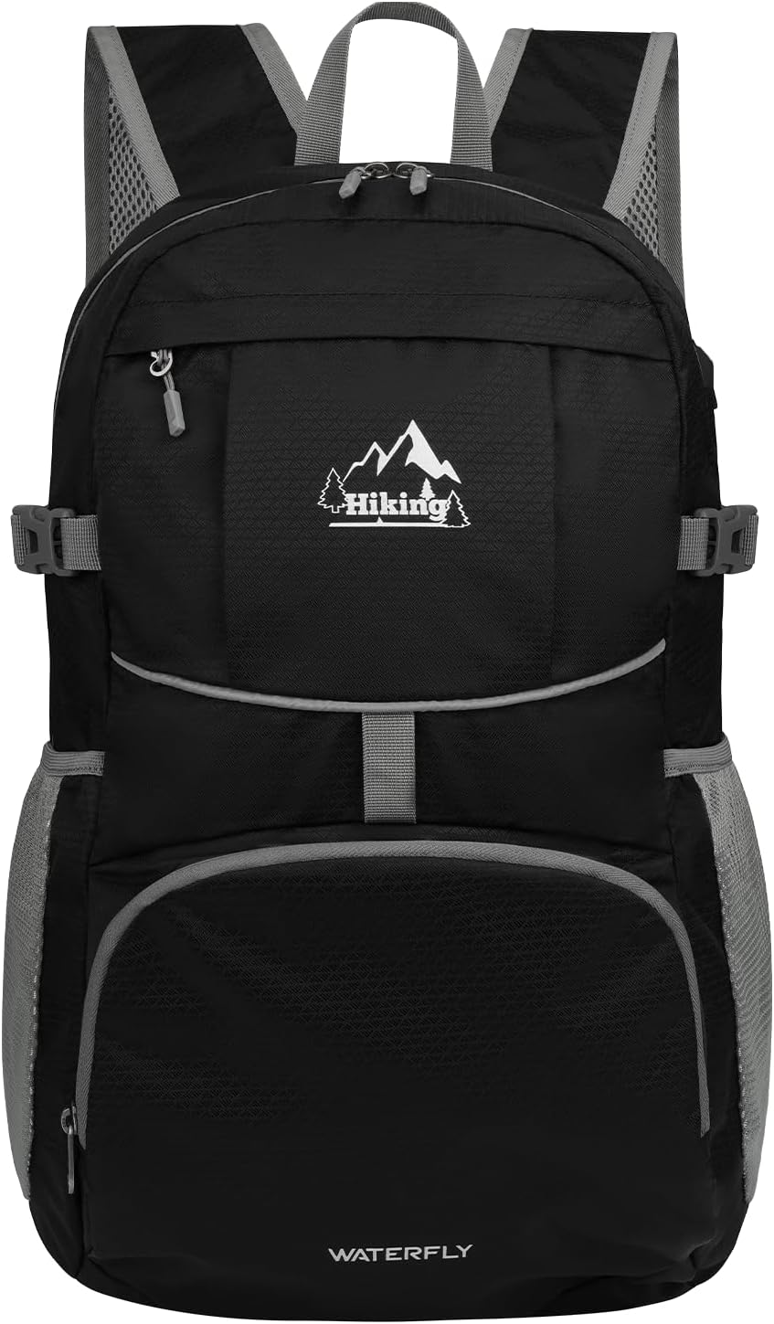Hiking Packable Daypack Backpack: 25L Ultra Lightweight Day Pack for Women Men - Small Compact Folding Back Pack for Outdoor Sport Cycling Camping Travel Trip - Black