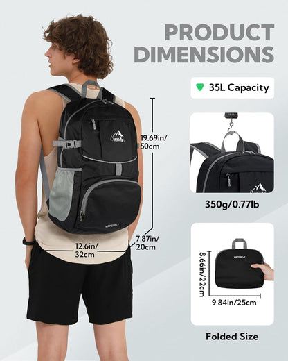 Hiking Packable Daypack Backpack: 25L Ultra Lightweight Day Pack for Women Men - Small Compact Folding Back Pack for Outdoor Sport Cycling Camping Travel Trip - Black