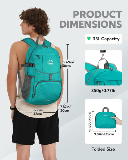 Hiking Packable Daypack Backpack: 25L Ultra Lightweight Day Pack for Women Men - Small Compact Folding Back Pack for Outdoor Sport Cycling Camping Travel Trip - Black