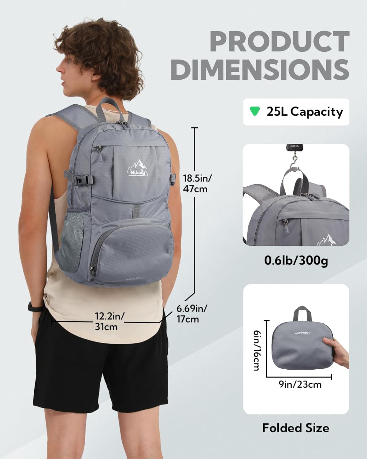 Hiking Packable Daypack Backpack: 25L Ultra Lightweight Day Pack for Women Men - Small Compact Folding Back Pack for Outdoor Sport Cycling Camping Travel Trip - Black