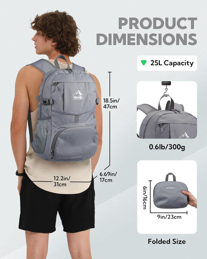 Hiking Packable Daypack Backpack: 25L Ultra Lightweight Day Pack for Women Men - Small Compact Folding Back Pack for Outdoor Sport Cycling Camping Travel Trip - Black