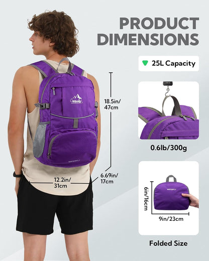 Hiking Packable Daypack Backpack: 25L Ultra Lightweight Day Pack for Women Men - Small Compact Folding Back Pack for Outdoor Sport Cycling Camping Travel Trip - Black