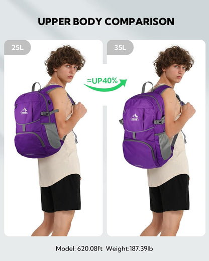 Hiking Packable Daypack Backpack: 25L Ultra Lightweight Day Pack for Women Men - Small Compact Folding Back Pack for Outdoor Sport Cycling Camping Travel Trip - Black