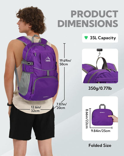 Hiking Packable Daypack Backpack: 25L Ultra Lightweight Day Pack for Women Men - Small Compact Folding Back Pack for Outdoor Sport Cycling Camping Travel Trip - Black