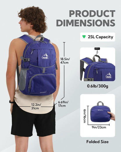 Hiking Packable Daypack Backpack: 25L Ultra Lightweight Day Pack for Women Men - Small Compact Folding Back Pack for Outdoor Sport Cycling Camping Travel Trip - Black