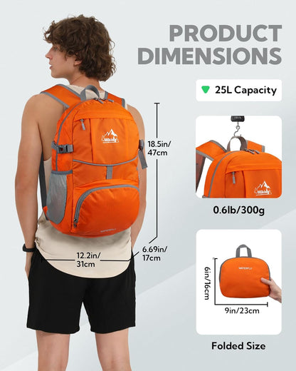 Hiking Packable Daypack Backpack: 25L Ultra Lightweight Day Pack for Women Men - Small Compact Folding Back Pack for Outdoor Sport Cycling Camping Travel Trip - Black