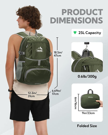 Hiking Packable Daypack Backpack: 25L Ultra Lightweight Day Pack for Women Men - Small Compact Folding Back Pack for Outdoor Sport Cycling Camping Travel Trip - Black