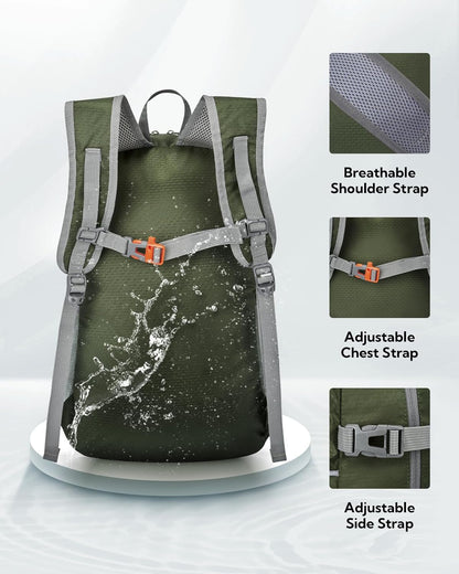 Hiking Packable Daypack Backpack: 25L Ultra Lightweight Day Pack for Women Men - Small Compact Folding Back Pack for Outdoor Sport Cycling Camping Travel Trip - Black