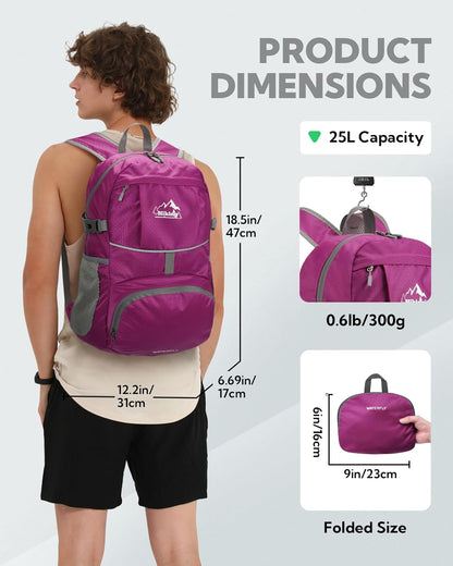 Hiking Packable Daypack Backpack: 25L Ultra Lightweight Day Pack for Women Men - Small Compact Folding Back Pack for Outdoor Sport Cycling Camping Travel Trip - Black