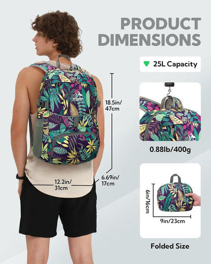 Hiking Packable Daypack Backpack: 25L Ultra Lightweight Day Pack for Women Men - Small Compact Folding Back Pack for Outdoor Sport Cycling Camping Travel Trip - Black