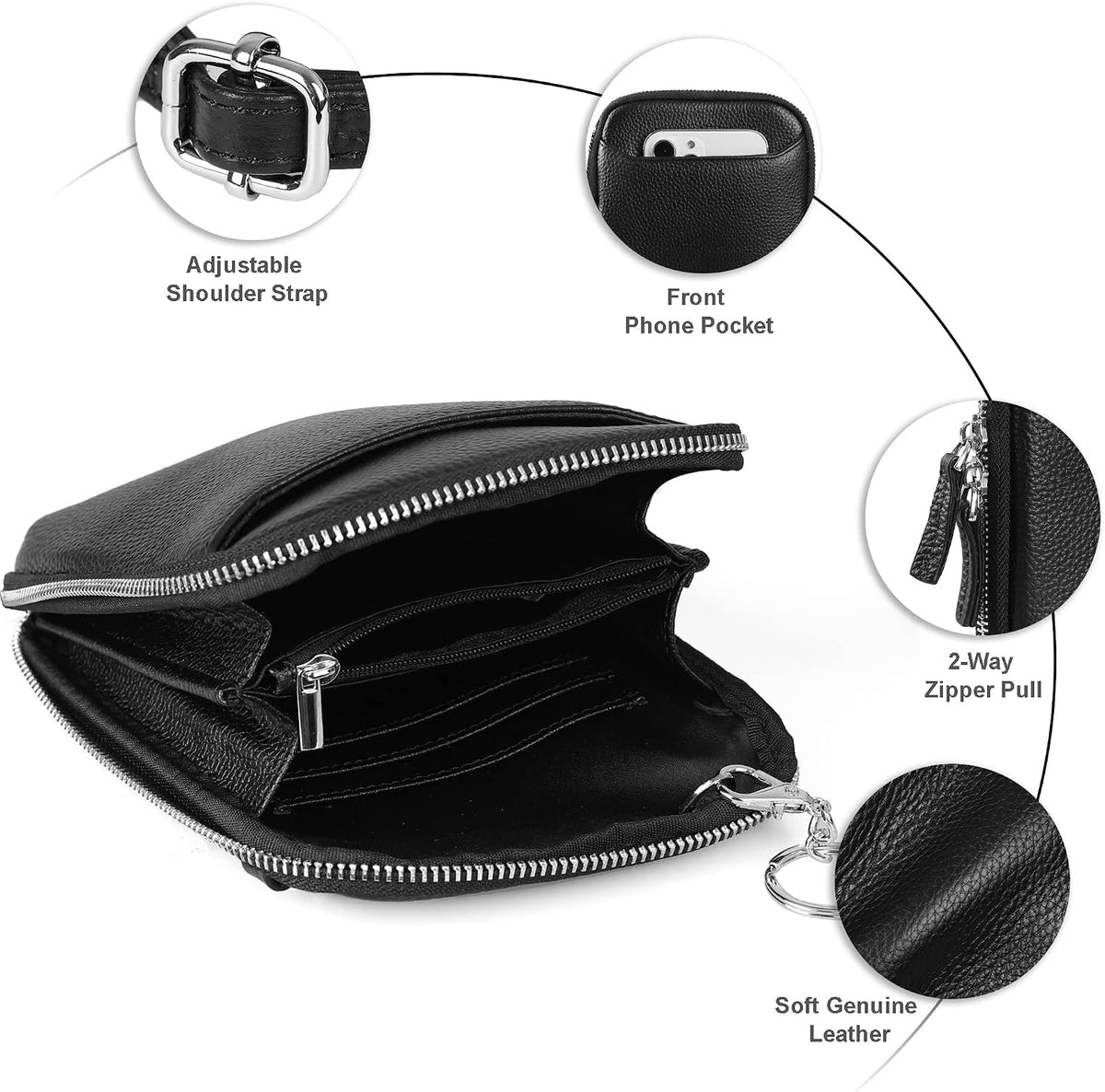 Genuine Leather Crossbody Cell Phone Purse for Women, Small Zip Around RFID Blocking Crossbody Wallet Bags