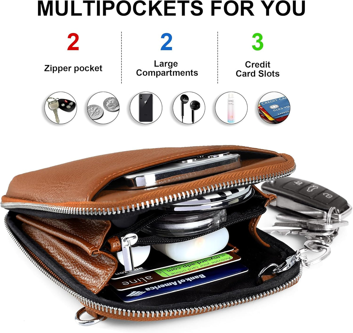 Genuine Leather Crossbody Cell Phone Purse for Women, Small Zip Around RFID Blocking Crossbody Wallet Bags