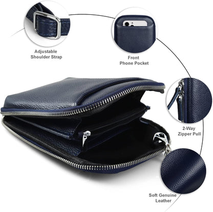 Genuine Leather Crossbody Cell Phone Purse for Women, Small Zip Around RFID Blocking Crossbody Wallet Bags