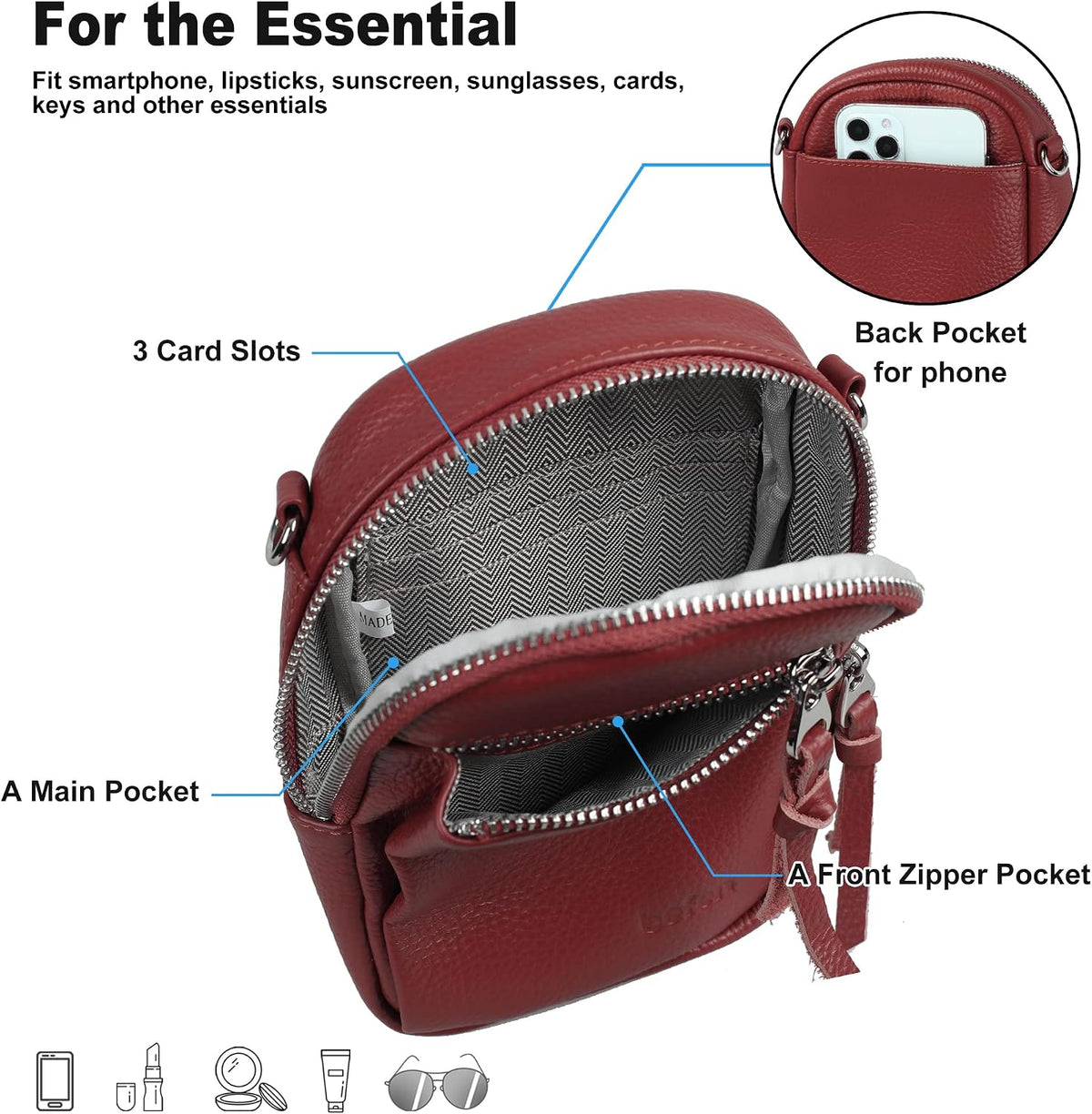 Genuine Leather Crossbody Cell Phone Purse for Women, Small Zip Around RFID Blocking Crossbody Wallet Bags