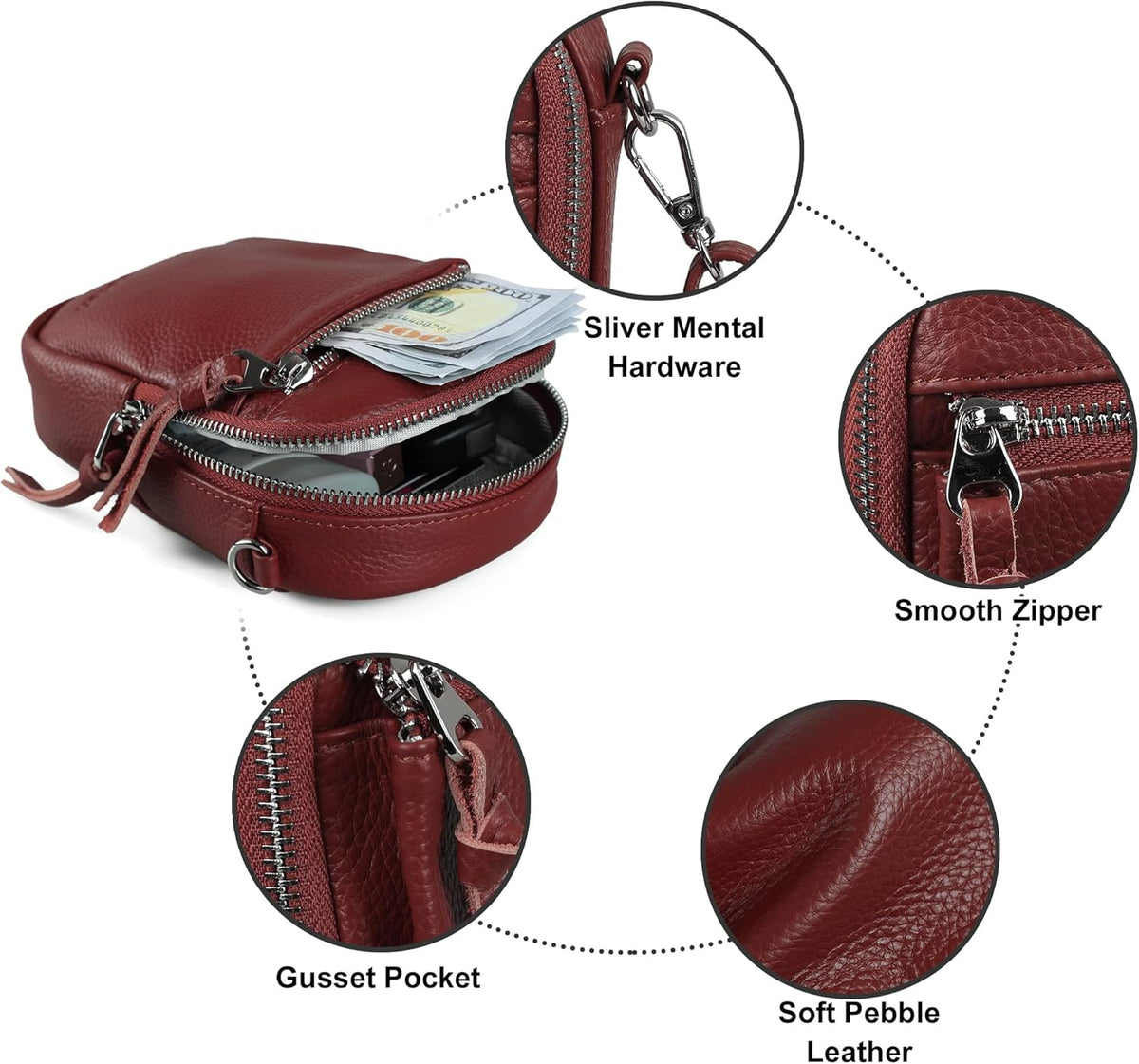 Genuine Leather Crossbody Cell Phone Purse for Women, Small Zip Around RFID Blocking Crossbody Wallet Bags