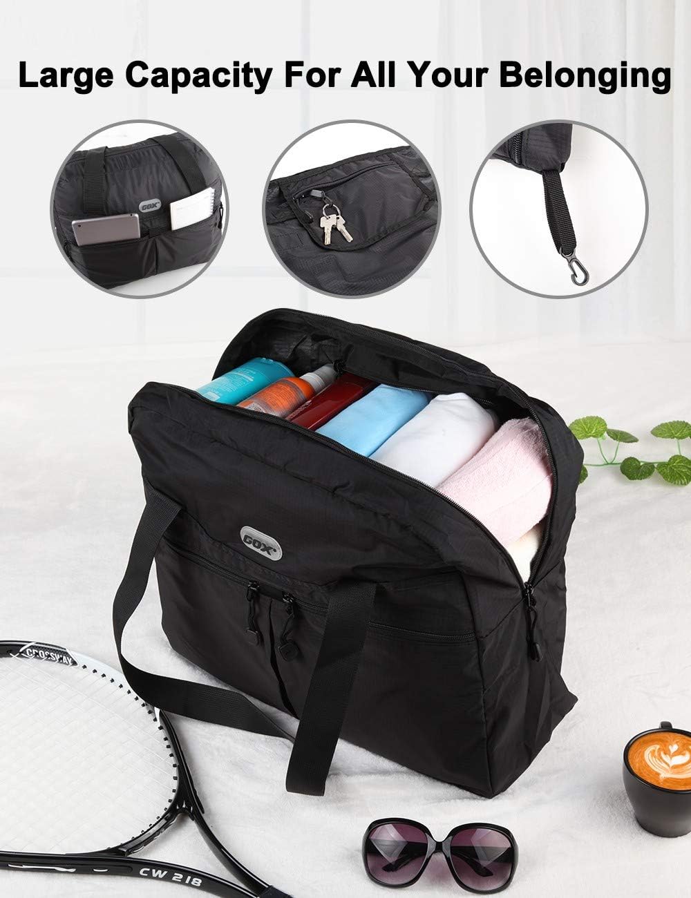 Packable Tote Bag – Under Seat Airline Personal Item, Lightweight Foldable Travel Duffel 28L, Nylon Shoulder Bag for Women Men, Carry-on Weekender for Plane Gym (Green&Orange)