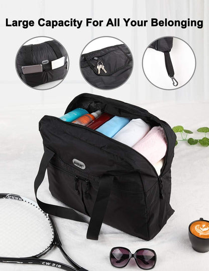 Packable Tote Bag – Under Seat Airline Personal Item, Lightweight Foldable Travel Duffel 28L, Nylon Shoulder Bag for Women Men, Carry-on Weekender for Plane Gym (Green&Orange)