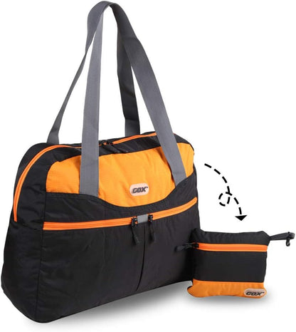 Packable Tote Bag – Under Seat Airline Personal Item, Lightweight Foldable Travel Duffel 28L, Nylon Shoulder Bag for Women Men, Carry-on Weekender for Plane Gym (Green&Orange)
