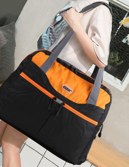 Packable Tote Bag – Under Seat Airline Personal Item, Lightweight Foldable Travel Duffel 28L, Nylon Shoulder Bag for Women Men, Carry-on Weekender for Plane Gym (Green&Orange)