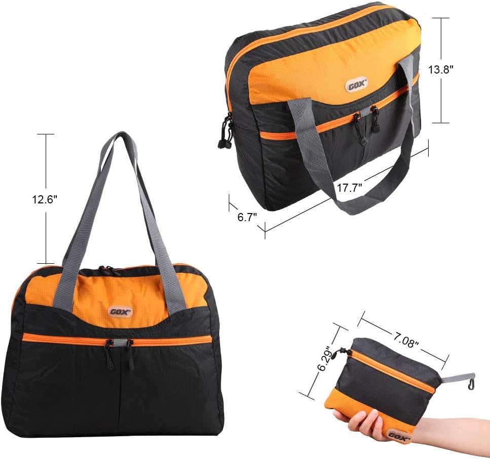 Packable Tote Bag – Under Seat Airline Personal Item, Lightweight Foldable Travel Duffel 28L, Nylon Shoulder Bag for Women Men, Carry-on Weekender for Plane Gym (Green&Orange)