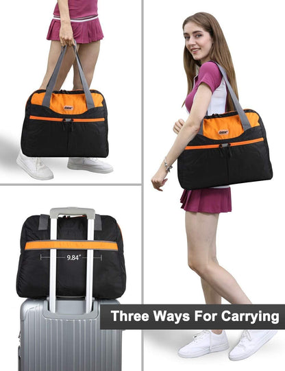 Packable Tote Bag – Under Seat Airline Personal Item, Lightweight Foldable Travel Duffel 28L, Nylon Shoulder Bag for Women Men, Carry-on Weekender for Plane Gym (Green&Orange)