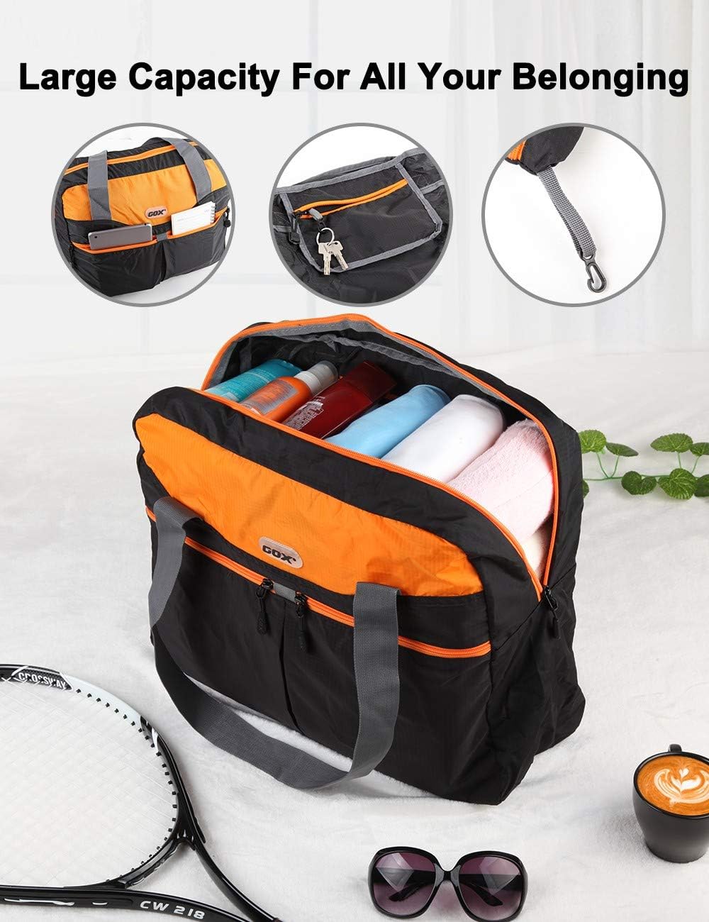 Packable Tote Bag – Under Seat Airline Personal Item, Lightweight Foldable Travel Duffel 28L, Nylon Shoulder Bag for Women Men, Carry-on Weekender for Plane Gym (Green&Orange)