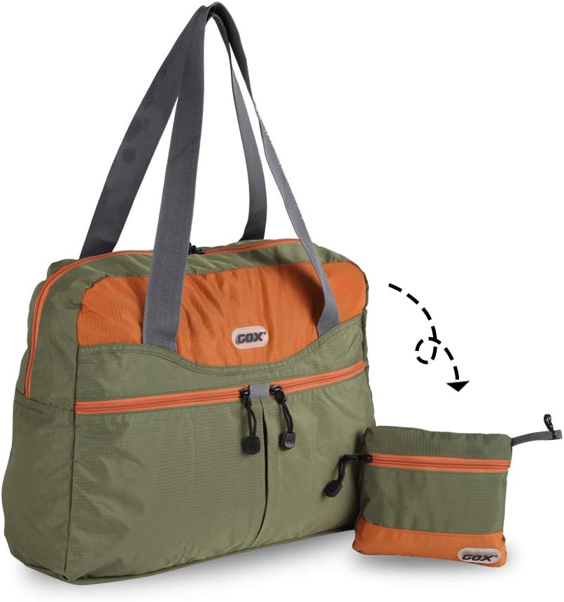 Packable Tote Bag – Under Seat Airline Personal Item, Lightweight Foldable Travel Duffel 28L, Nylon Shoulder Bag for Women Men, Carry-on Weekender for Plane Gym (Green&Orange)