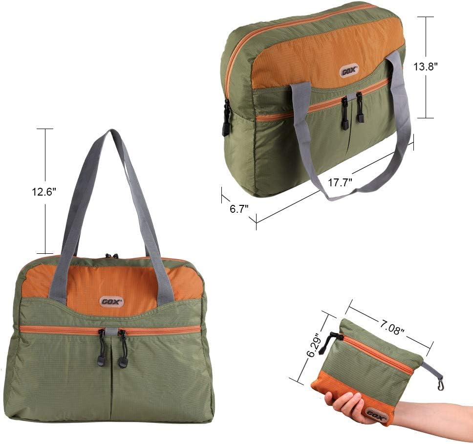 Packable Tote Bag – Under Seat Airline Personal Item, Lightweight Foldable Travel Duffel 28L, Nylon Shoulder Bag for Women Men, Carry-on Weekender for Plane Gym (Green&Orange)
