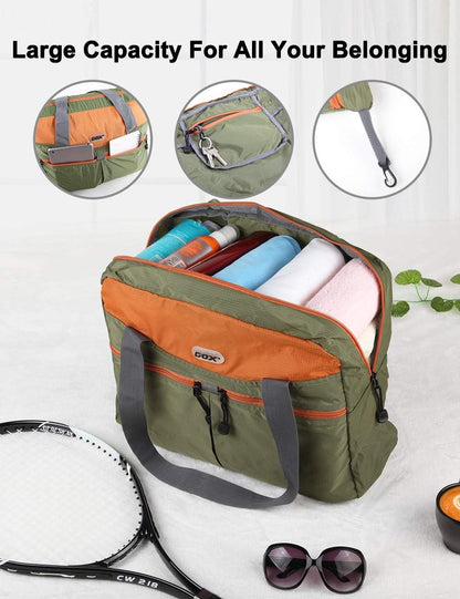 Packable Tote Bag – Under Seat Airline Personal Item, Lightweight Foldable Travel Duffel 28L, Nylon Shoulder Bag for Women Men, Carry-on Weekender for Plane Gym (Green&Orange)