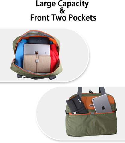 Packable Tote Bag – Under Seat Airline Personal Item, Lightweight Foldable Travel Duffel 28L, Nylon Shoulder Bag for Women Men, Carry-on Weekender for Plane Gym (Green&Orange)