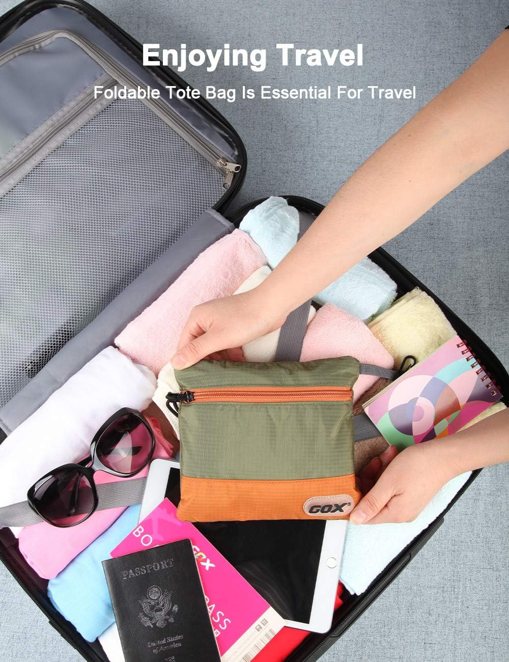 Packable Tote Bag – Under Seat Airline Personal Item, Lightweight Foldable Travel Duffel 28L, Nylon Shoulder Bag for Women Men, Carry-on Weekender for Plane Gym (Green&Orange)