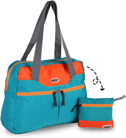 Packable Tote Bag – Under Seat Airline Personal Item, Lightweight Foldable Travel Duffel 28L, Nylon Shoulder Bag for Women Men, Carry-on Weekender for Plane Gym (Green&Orange)