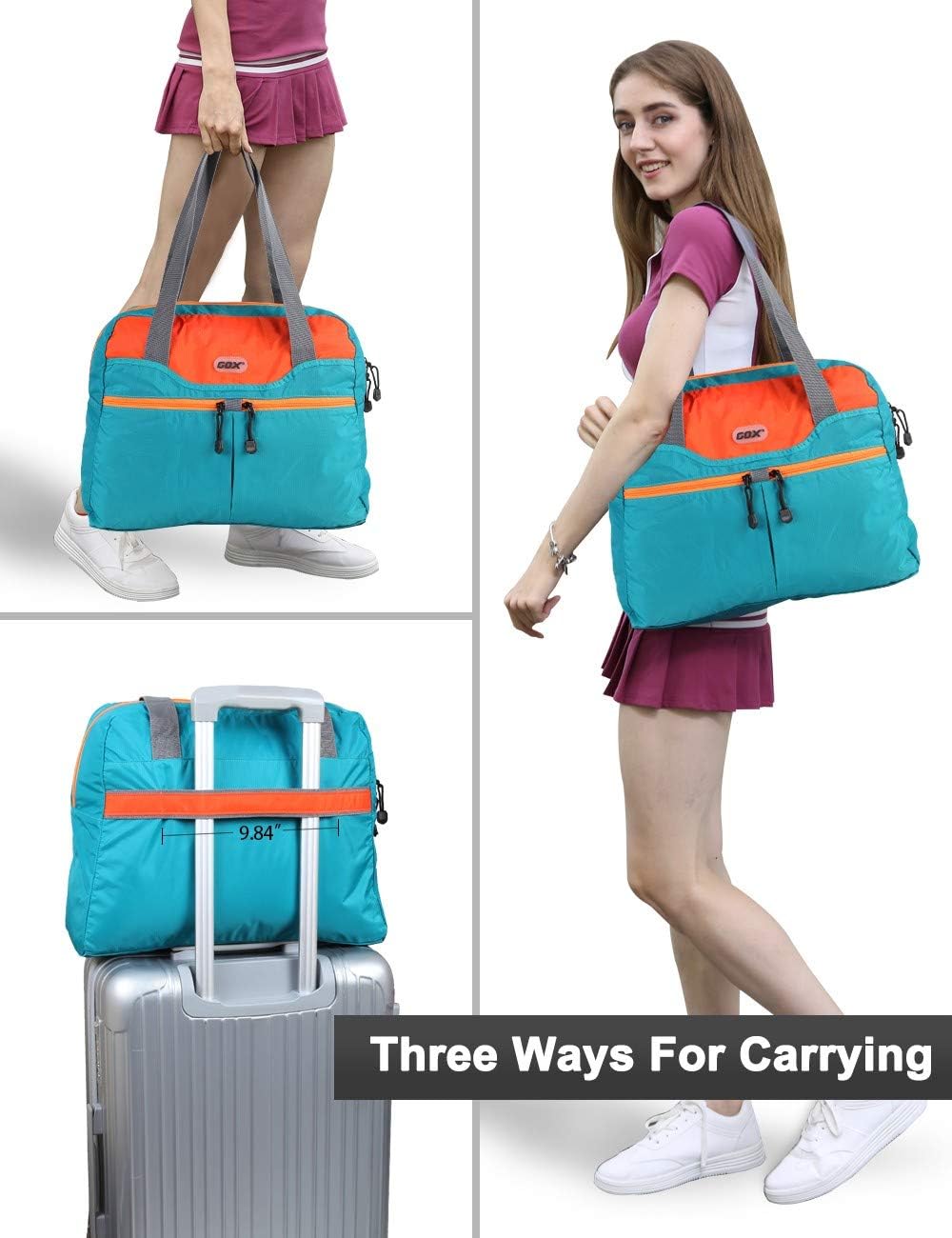 Packable Tote Bag – Under Seat Airline Personal Item, Lightweight Foldable Travel Duffel 28L, Nylon Shoulder Bag for Women Men, Carry-on Weekender for Plane Gym (Green&Orange)