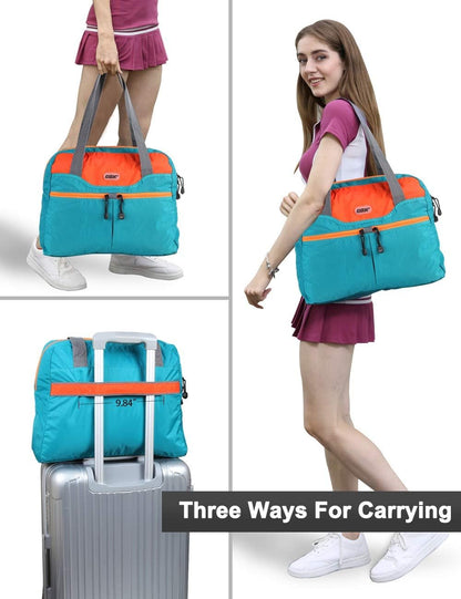 Packable Tote Bag – Under Seat Airline Personal Item, Lightweight Foldable Travel Duffel 28L, Nylon Shoulder Bag for Women Men, Carry-on Weekender for Plane Gym (Green&Orange)