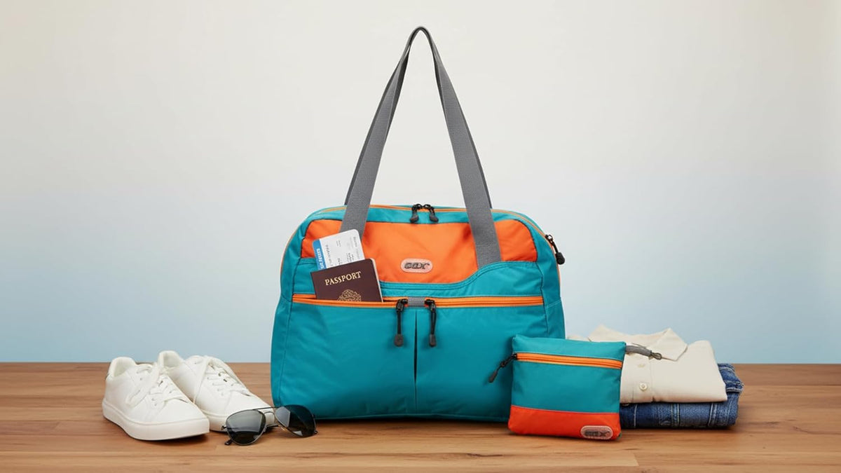 Packable Tote Bag – Under Seat Airline Personal Item, Lightweight Foldable Travel Duffel 28L, Nylon Shoulder Bag for Women Men, Carry-on Weekender for Plane Gym (Green&Orange)