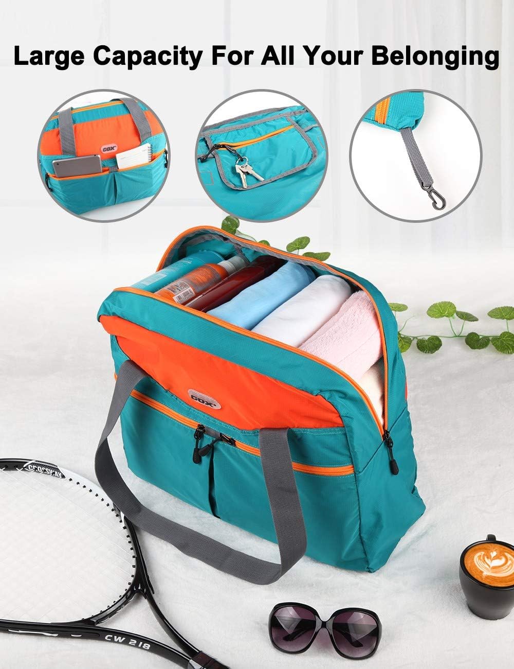 Packable Tote Bag – Under Seat Airline Personal Item, Lightweight Foldable Travel Duffel 28L, Nylon Shoulder Bag for Women Men, Carry-on Weekender for Plane Gym (Green&Orange)