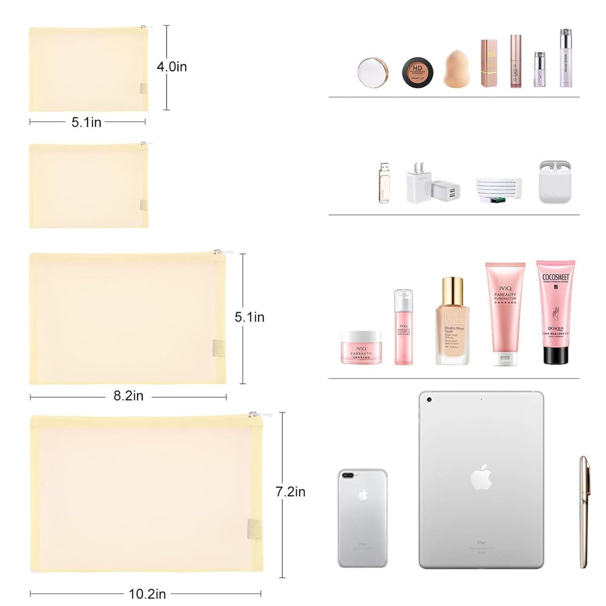 Mesh Pouch, Make up Bag with Zipper Cosmetic Organizer Pouch for Daily or Travel to Keep Small Items, 4 PCS Black