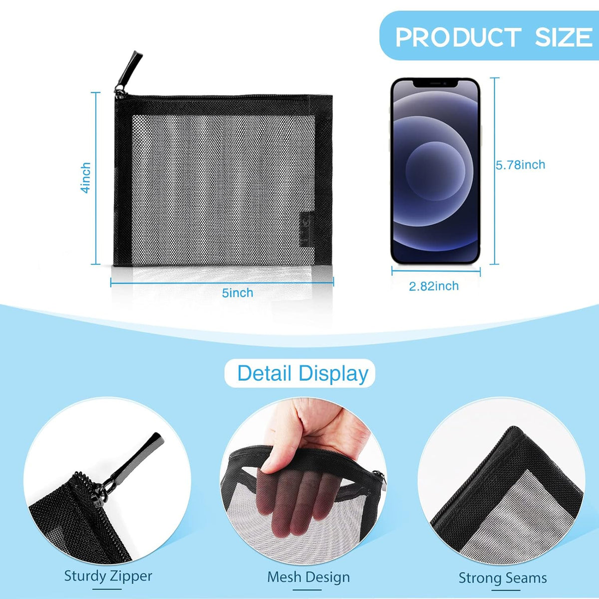 Mesh Pouch, Make up Bag with Zipper Cosmetic Organizer Pouch for Daily or Travel to Keep Small Items, 4 PCS Black