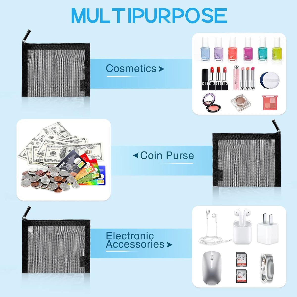 Mesh Pouch, Make up Bag with Zipper Cosmetic Organizer Pouch for Daily or Travel to Keep Small Items, 4 PCS Black