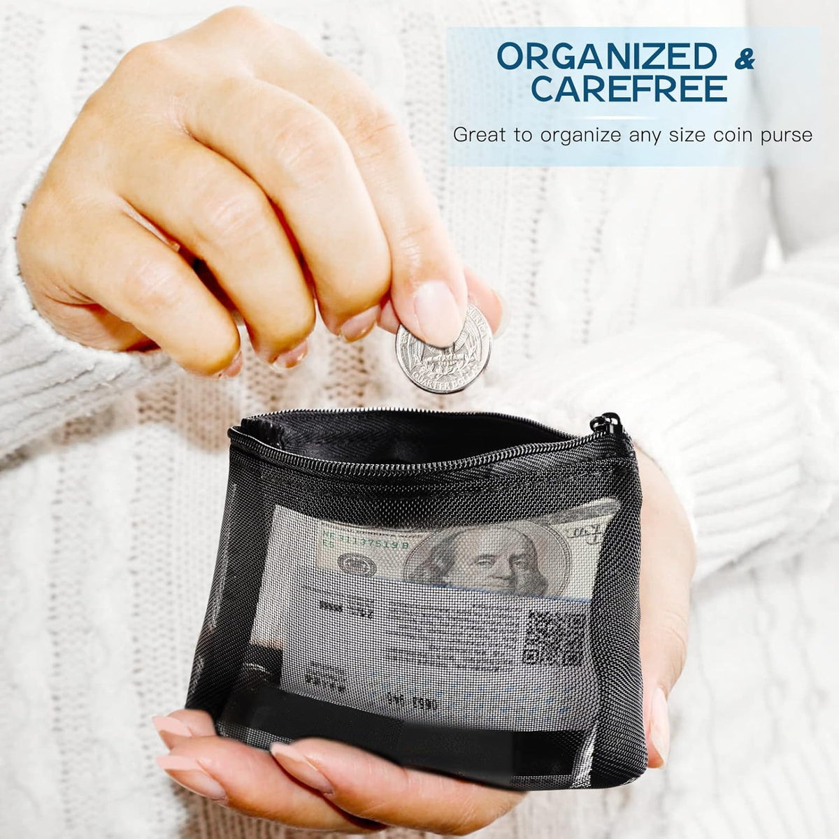 Mesh Pouch, Make up Bag with Zipper Cosmetic Organizer Pouch for Daily or Travel to Keep Small Items, 4 PCS Black