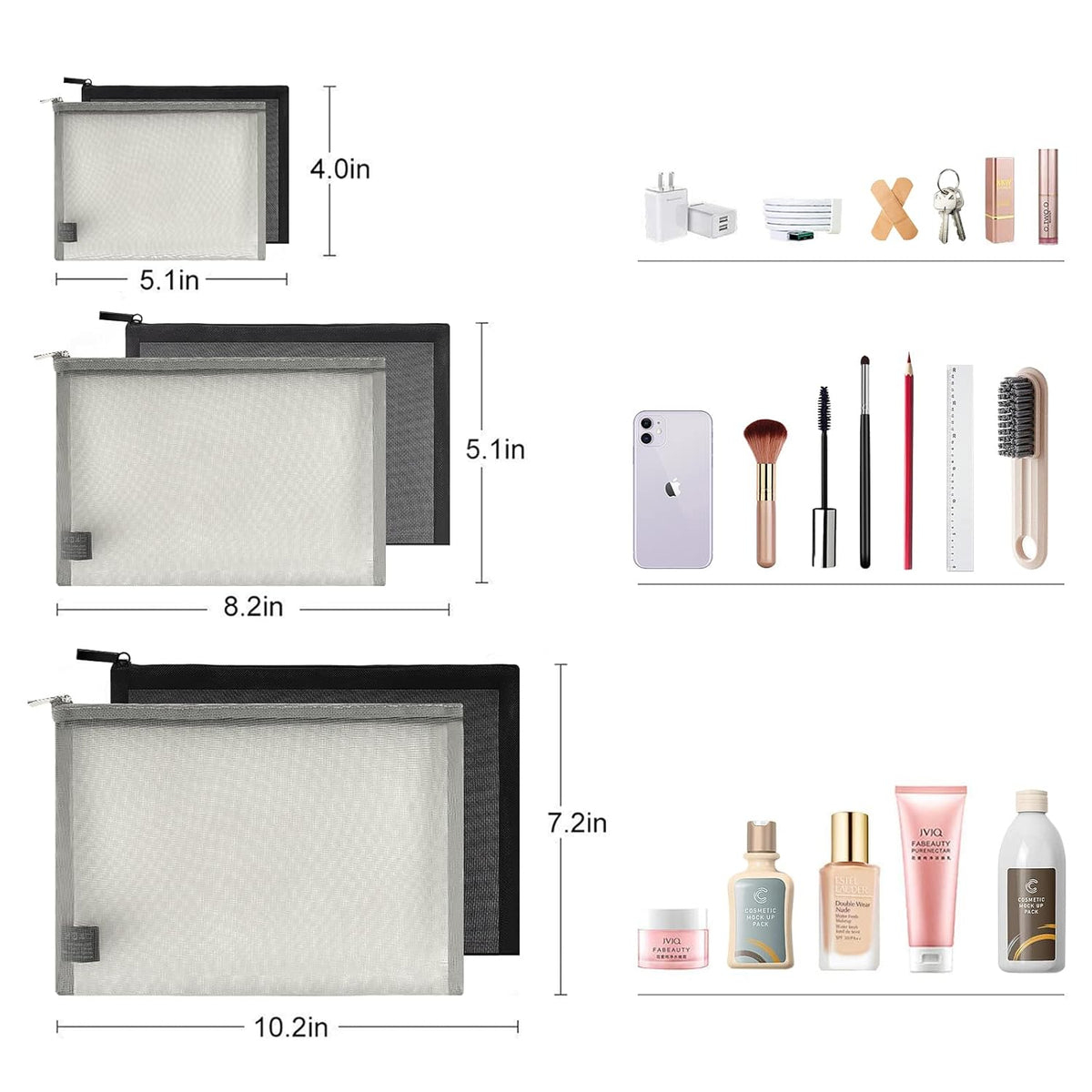 Mesh Pouch, Make up Bag with Zipper Cosmetic Organizer Pouch for Daily or Travel to Keep Small Items, 4 PCS Black