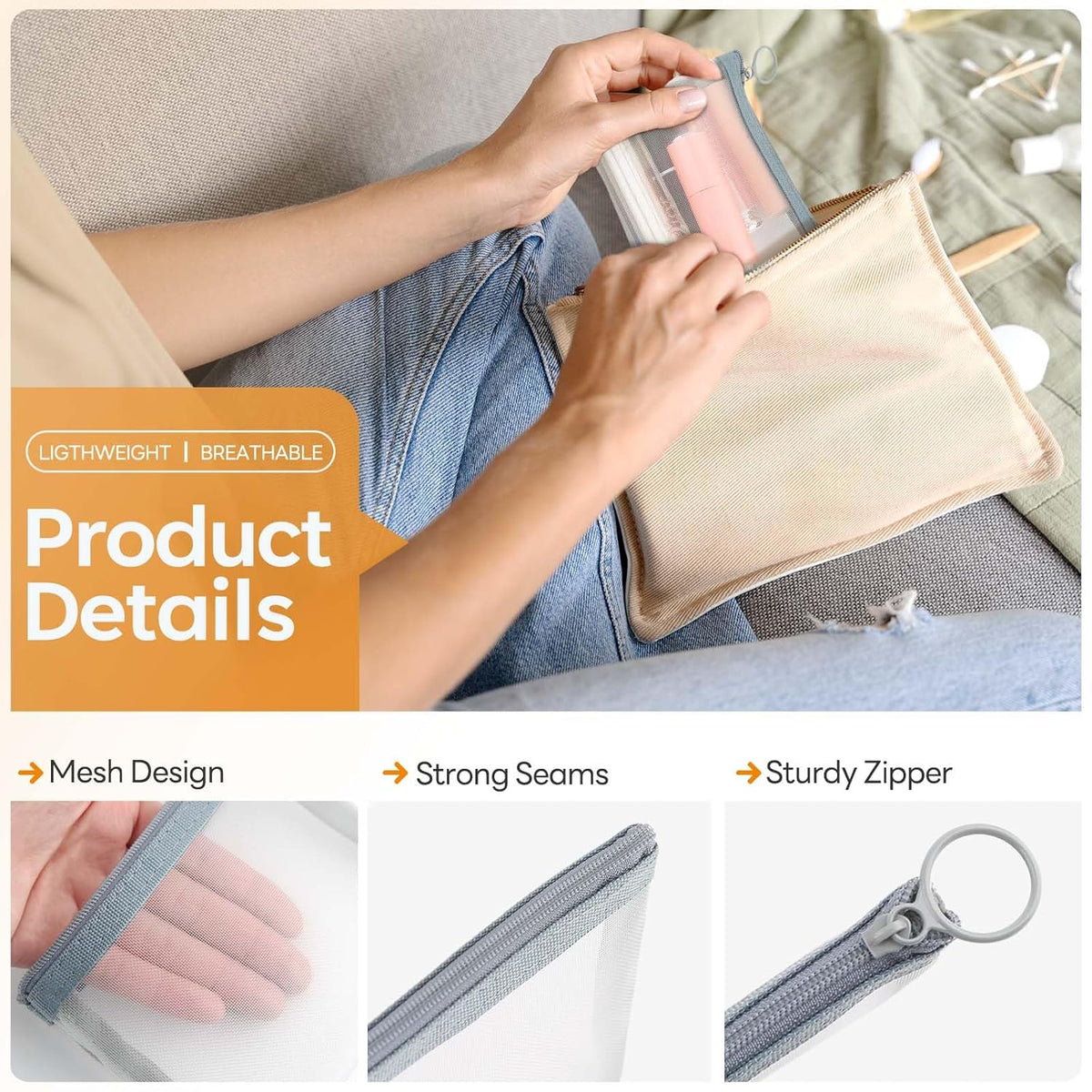 Mesh Pouch, Make up Bag with Zipper Cosmetic Organizer Pouch for Daily or Travel to Keep Small Items, 4 PCS Black
