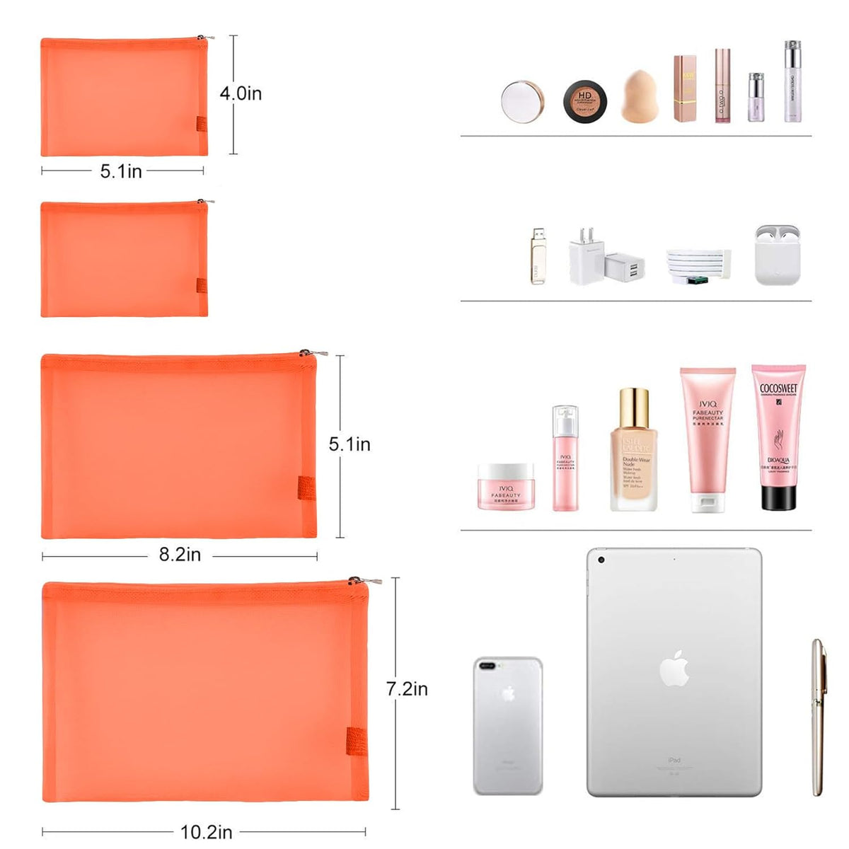 Mesh Pouch, Make up Bag with Zipper Cosmetic Organizer Pouch for Daily or Travel to Keep Small Items, 4 PCS Black