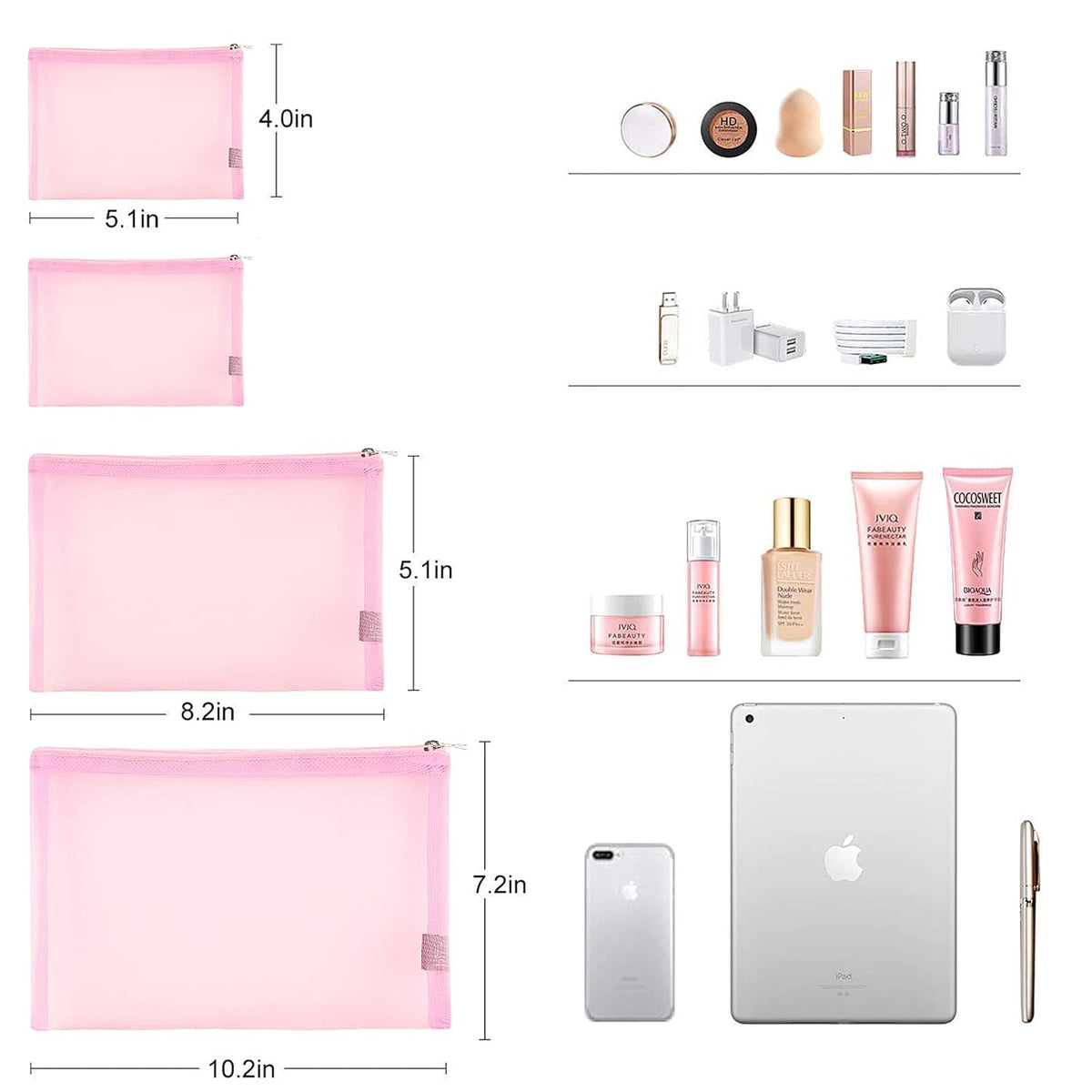 Mesh Pouch, Make up Bag with Zipper Cosmetic Organizer Pouch for Daily or Travel to Keep Small Items, 4 PCS Black