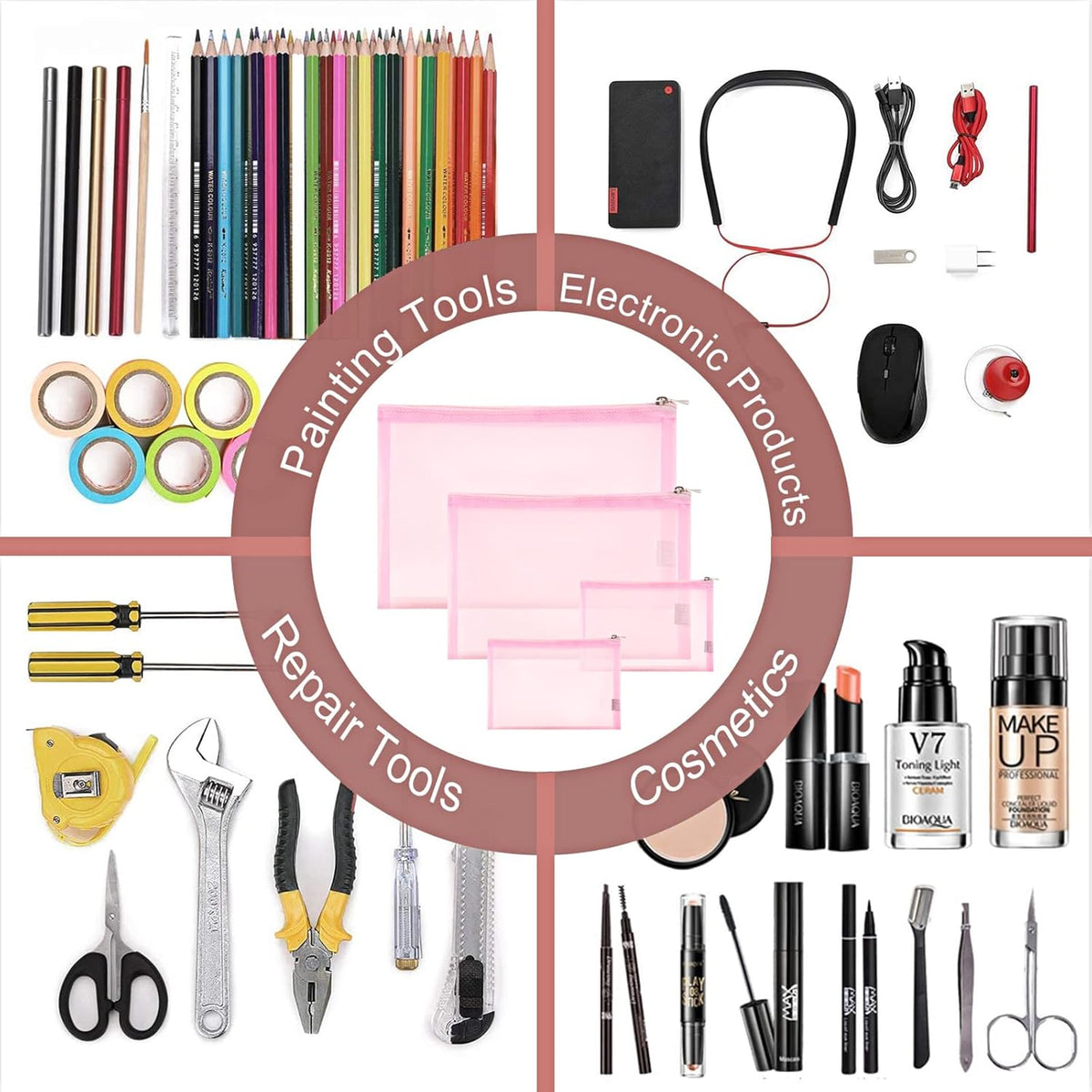 Mesh Pouch, Make up Bag with Zipper Cosmetic Organizer Pouch for Daily or Travel to Keep Small Items, 4 PCS Black