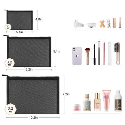 Mesh Pouch, Make up Bag with Zipper Cosmetic Organizer Pouch for Daily or Travel to Keep Small Items, 4 PCS Black