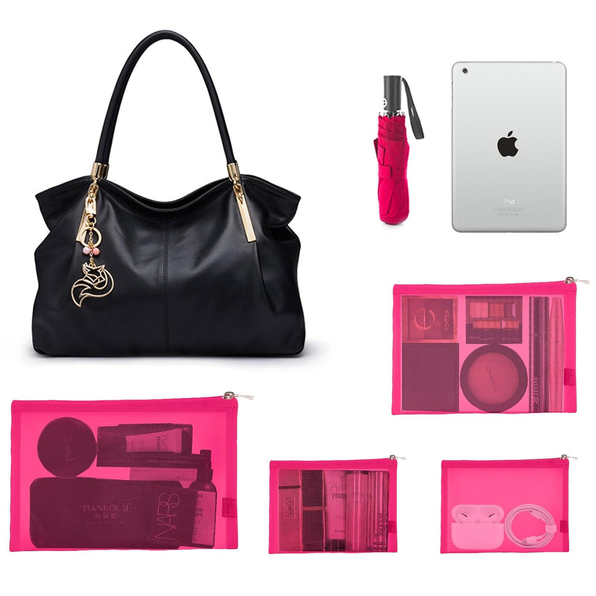 Mesh Pouch, Make up Bag with Zipper Cosmetic Organizer Pouch for Daily or Travel to Keep Small Items, 4 PCS Black