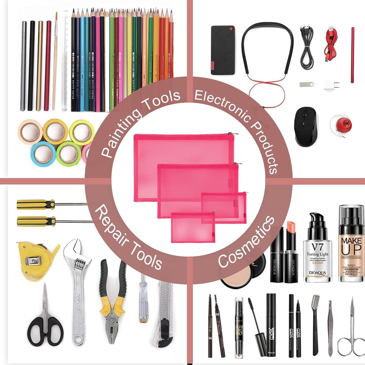Mesh Pouch, Make up Bag with Zipper Cosmetic Organizer Pouch for Daily or Travel to Keep Small Items, 4 PCS Black