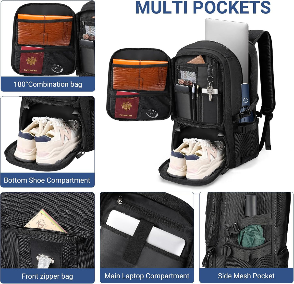 17.3 Inch Travel Laptop Backpack with Shoe Compartment,Water Resistant Anti Theft Bag with USB Charging Port,50L Backpacks Compartmentsfor Men Women