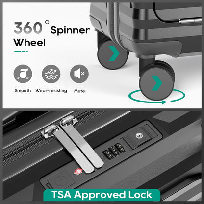 20 Inch Carry on Luggage with Front Pocket, PC Hardshell Carry-on Suitcase with USB Port and Cup Holder, 21.5x14.2x9 Airline Approved, Luggage with Spinner Wheels and TSA Lock (Grey)